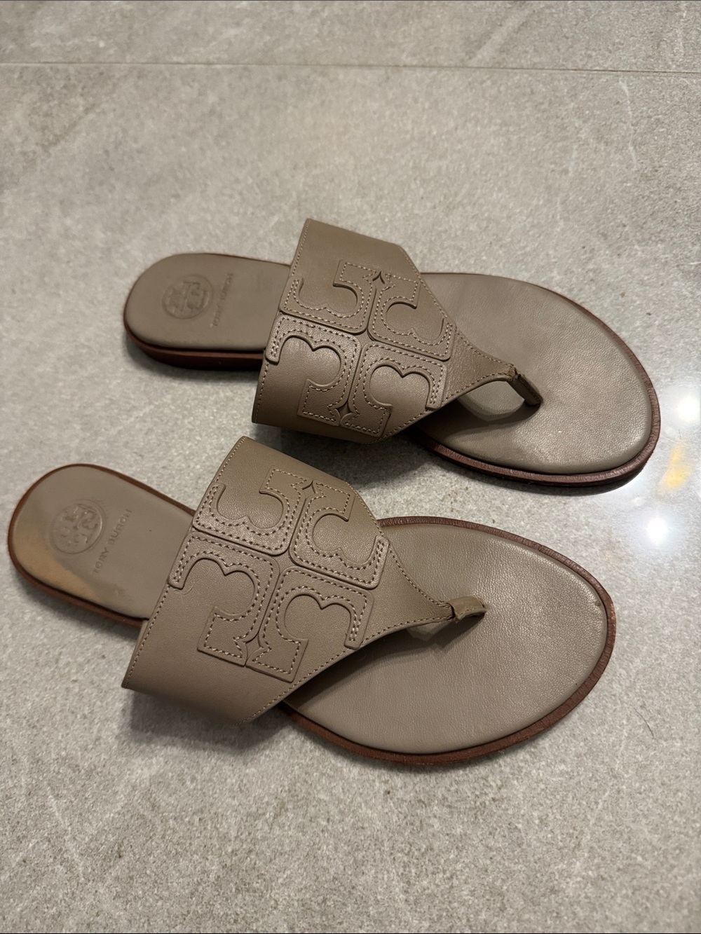 Tory Burch Taupe Logo Leather Thong Sandals
